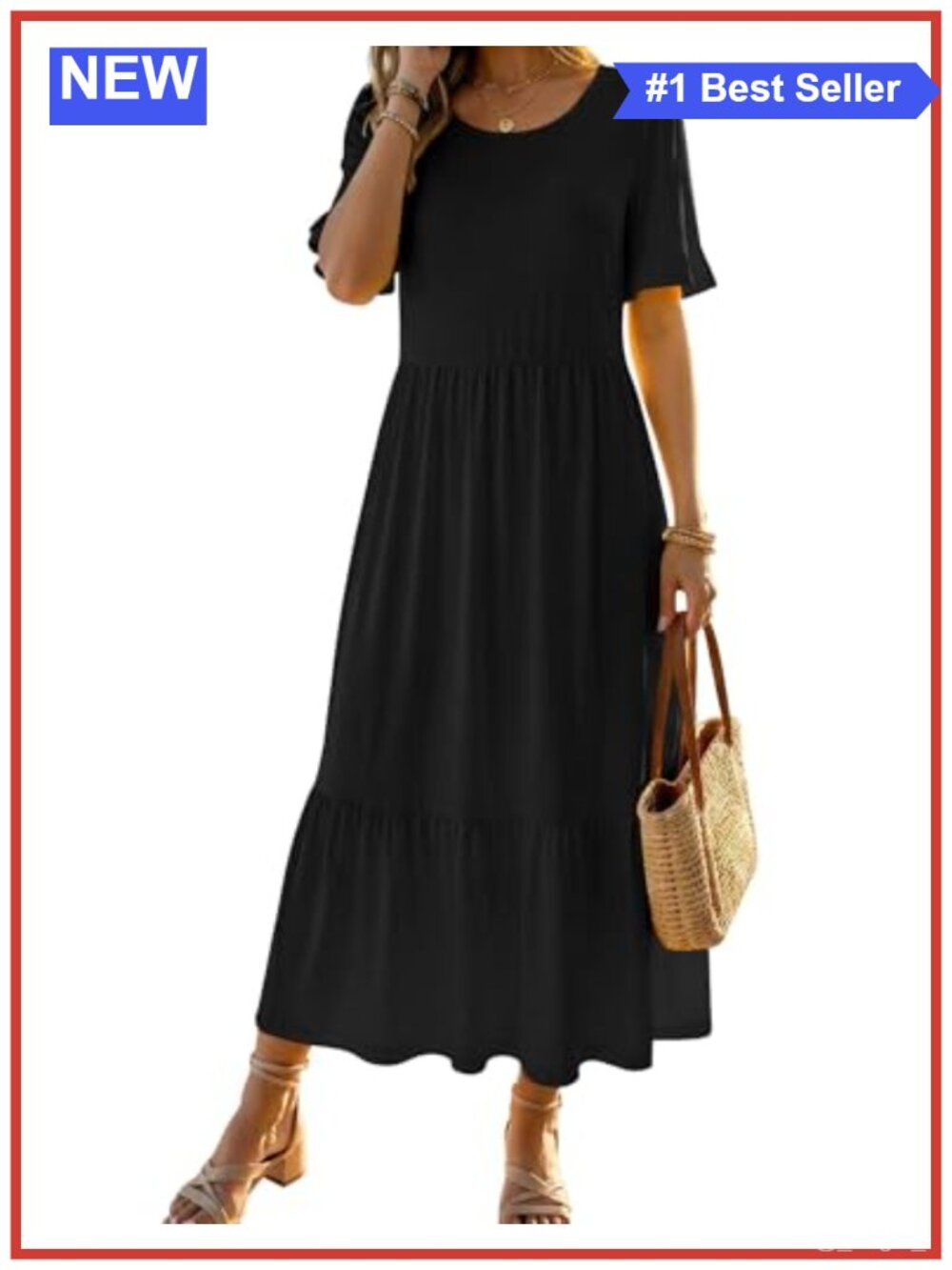 Casual Midi Dress Ruffle Short Sleeve Tiered Flowy Boho A-Line Sundress